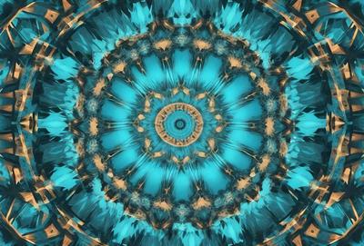 The primary subject of the image is a blue and gold circular pattern, which appears to be a digital art or illustration. The setting is a blue background, and the visual style is a combination of digital art and illustration. The dominant colors are blue and gold, creating a calm and serene atmosphere.