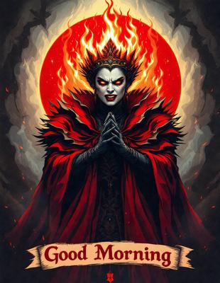 The primary subject of the image is a woman dressed in a red and black costume, possibly a demon or a witch. She is wearing a crown and has her hands clasped together. The setting is a dark and ominous environment, with a red and black color scheme. The visual style is a digital art or illustration, creating a dramatic and intense atmosphere. The colors and mood of the image are predominantly dark and intense, with the red and black costume adding a sense of danger and power.