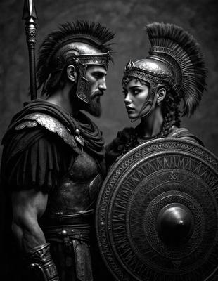 The primary subject of the image is a man and a woman, both dressed in ancient Roman attire. The man is wearing a helmet and a shield, while the woman is wearing a helmet and a dress. They are standing close to each other, possibly engaging in a conversation or a romantic moment. The setting appears to be a black and white photo, giving the image a classic and timeless feel. The visual style suggests that the image is a digital art or illustration, rather than a photo or a drawing. The colors and mood of the image are predominantly dark and dramatic, emphasizing the historical and romantic atmosphere.