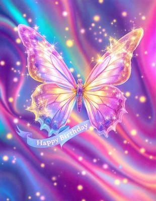The primary subject of the image is a purple butterfly with a yellow wing. The butterfly is flying in a purple and blue background, which creates a vibrant and colorful scene. The visual style of the image is digital art, as it appears to be a digital illustration or drawing. The colors and mood of the image are lively and cheerful, with the purple and blue hues adding a sense of warmth and happiness to the scene.