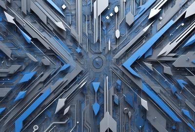 The primary subject of the image is a blue and gray digital artwork featuring a complex pattern of interconnected lines and shapes. The setting is a blue background, which contrasts with the intricate design. The visual style is a combination of digital art and illustration, creating a unique and captivating piece. The colors and mood of the image are predominantly blue and gray, giving it a modern and sophisticated appearance.