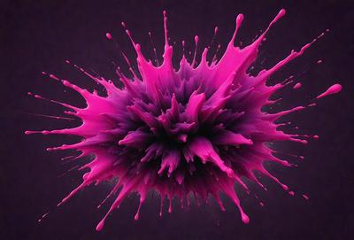 The primary subject of the image is a large, pink, and purple splash of paint, which appears to be a digital art or illustration. The setting is a dark background, which contrasts with the vibrant colors of the paint splash. The visual style is modern and artistic, with the paint splash taking up a significant portion of the image. The colors and mood of the image are energetic and lively, with the pink and purple hues creating a sense of movement and dynamism.