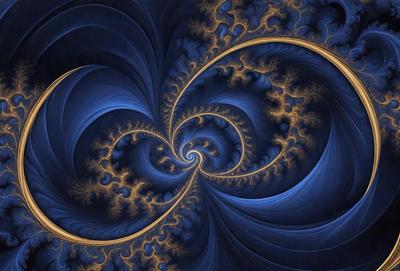 The primary subject of the image is a blue spiral pattern, which is the main object, scene, or focus of the image. The setting or background features a blue and gold swirl pattern, which adds to the visual style of the image. The colors and mood of the image are predominantly blue and gold, creating a sense of depth and intricacy in the design.