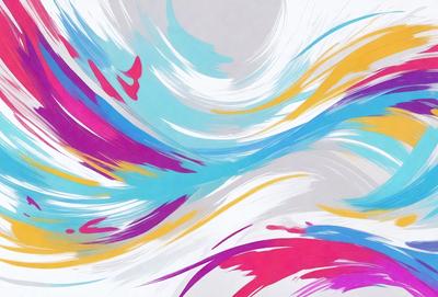 The primary subject of the image is a colorful, abstract painting featuring a mix of blue, yellow, and pink hues. The painting is displayed on a white background, which contrasts with the vibrant colors of the artwork. The visual style of the painting suggests that it is a digital art or illustration, rather than a photo or traditional painting. The dominant colors and overall atmosphere of the painting evoke a sense of energy and creativity.