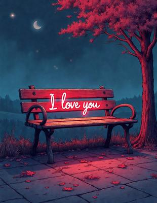 The primary subject of the image is a bench with a neon sign that reads "I Love You" on it. The bench is located in a park setting, surrounded by trees. The visual style of the image is digital art, with a pink and red color scheme that gives the scene a warm and romantic atmosphere.