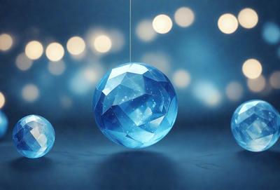The primary subject of the image is a blue crystal ball hanging from a string. The setting is a dark room with a blue background, creating a moody atmosphere. The visual style is a combination of a photo and digital art, as the blue crystal ball appears to be a digital creation. The colors and mood of the image are predominantly blue, with a sense of mystery and intrigue.