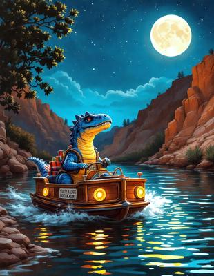 The primary subject of the image is a cartoon dinosaur, specifically a blue alligator, sitting in a boat. The setting is a river with a moon in the background, creating a serene and peaceful atmosphere. The visual style is a digital art or illustration, showcasing the cartoon character in a realistic environment. The colors and mood are predominantly blue and calm, with the alligator being the main focus of the scene.