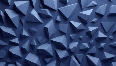 The primary subject of the image is a blue wall with a pattern of triangular shapes. The setting is a room with a blue background, and the visual style appears to be a digital art or illustration. The dominant colors are blue and white, creating a calm and soothing atmosphere.