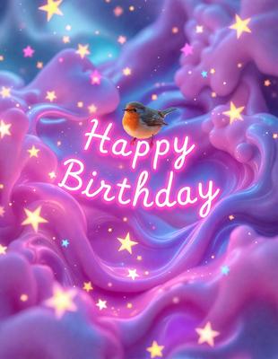 The primary subject of the image is a small bird perched on a branch. The bird is surrounded by a purple and pink background, which gives the scene a vibrant and colorful appearance. The visual style of the image is a combination of photo and digital art, creating a unique and eye-catching representation of the bird on its branch. The colors and mood of the image are predominantly purple and pink, which evoke feelings of happiness and warmth.