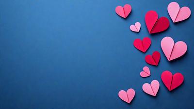 The primary subject of the image is a collection of pink hearts, which are scattered across a blue background. The hearts are in various shapes and sizes, creating a visually appealing and playful scene. The setting appears to be a creative and artistic environment, possibly a workspace or a display of a creative project. The visual style of the image is a combination of digital art and illustration, with the hearts being crafted to resemble paper cutouts. The dominant colors in the image are pink and blue, which evoke a sense of warmth, love, and creativity.