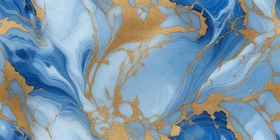 The primary subject of the image is a blue and gold marbled surface, which appears to be a piece of art or a decorative item. The setting is a room with a blue wall, and the visual style is a combination of digital art and illustration. The dominant colors are blue and gold, creating a rich and luxurious atmosphere.