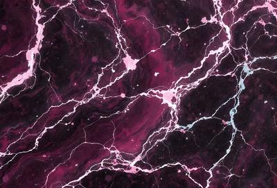 The primary subject of the image is a close-up of a purple marble wall with a pinkish hue. The setting is a dark room, and the visual style appears to be a photo. The dominant colors in the image are purple and pink, creating a moody and dramatic atmosphere.