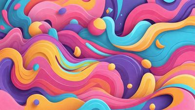 The primary subject of the image is a colorful, abstract artwork featuring a mix of bright colors and swirling patterns. The setting is a wall, and the visual style appears to be a combination of digital art and illustration. The dominant colors and overall atmosphere are vibrant, energetic, and lively.