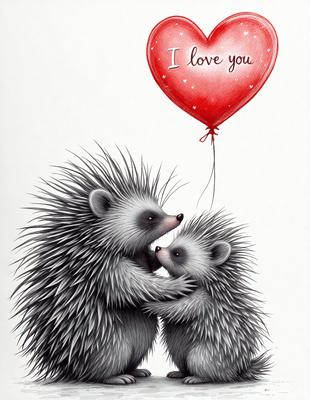 The primary subject of the image is a heartwarming scene of two hedgehogs hugging each other. They are standing close to each other, with one hedgehog on the left and the other on the right. The setting is a white background, which provides a clean and simple backdrop for the image. The visual style is a combination of digital art and illustration, creating a charming and endearing scene. The colors are predominantly shades of pink and red, which are associated with love and affection. The overall atmosphere of the image is warm, friendly, and inviting.