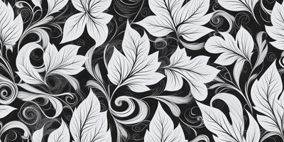 The primary subject of the image is a pattern of leaves, which are the main objects in the scene. The leaves are depicted in various shapes and sizes, creating a visually interesting and dynamic design. The setting is a black and white background, which adds a classic and timeless feel to the image. The visual style is a combination of digital art and illustration, showcasing the artist's skill in creating intricate patterns and designs. The colors and mood of the image are predominantly black and white, giving it a sophisticated and elegant appearance.