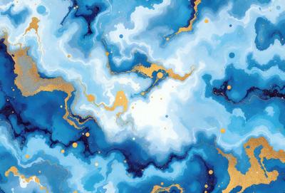 The primary subject of the image is a blue and gold painting featuring a cloudy sky. The setting is a blue and gold background, which adds to the overall visual style. The painting appears to be a digital art or illustration, showcasing a unique and artistic approach to the subject matter. The dominant colors in the painting are blue and gold, creating a serene and calming atmosphere.