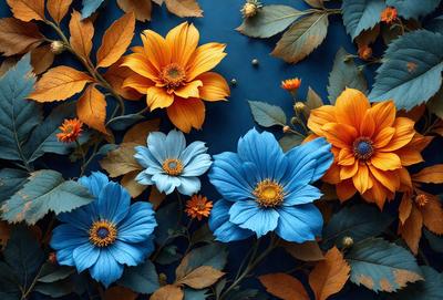 The primary subject of the image is a bouquet of flowers, predominantly blue and orange, arranged in a vase. The setting is a blue background, which adds a contrasting and visually appealing element to the scene. The visual style is a close-up of the flowers, showcasing their details and colors. The dominant colors in the image are blue and orange, creating a vibrant and lively atmosphere.