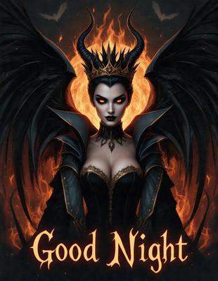 Good Night: A demonic woman with horns and a crown, wearing a black dress, and surrounded by flames.