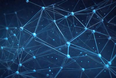 The primary subject of the image is a blue, three-dimensional network of interconnected lines, which resembles a web or a complex structure. The setting is a dark blue background, which contrasts with the bright blue lines. The visual style is a digital art or illustration, as the lines are intricately connected and the overall composition is visually appealing. The colors and mood of the image are predominantly blue, creating a sense of depth and complexity.