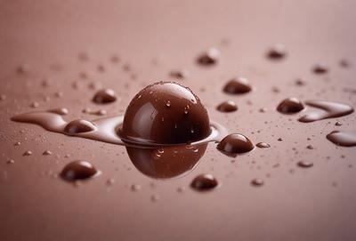 The primary subject of the image is a chocolate ball, which is the main object in the scene. The setting is a table with a chocolate sauce, and the visual style is a close-up of the chocolate ball. The colors and mood of the image are predominantly brown, giving it a warm and rich atmosphere.