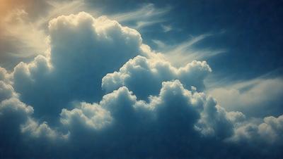 The primary subject of the image is a cloudy sky with a blue background. The setting is a vast, open space with no visible landmarks or objects. The visual style is a painting, which gives the scene a more artistic and creative appearance. The colors and mood of the image are predominantly blue and serene, creating a sense of calmness and tranquility.