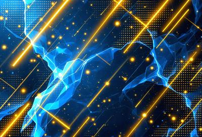 The primary subject of the image is a blue and yellow pattern, which appears to be a digital art or illustration. The setting is a dark background, and the visual style is a combination of digital art and illustration. The dominant colors are blue and yellow, creating a vibrant and lively atmosphere.