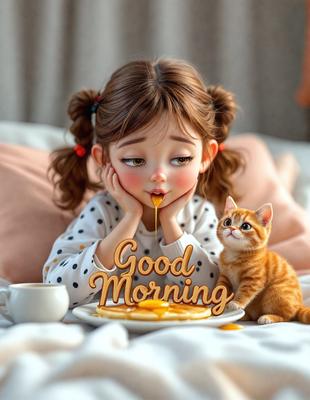The primary subject of the image is a young girl with a cat. They are both sitting on a bed, and the girl is eating pancakes. The setting is a cozy bedroom, and the visual style is a combination of photo and digital art. The colors are warm and inviting, creating a comfortable and relaxing atmosphere.