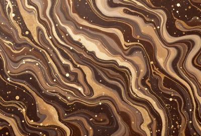 The primary subject of the image is a close-up of a marbled surface, which appears to be a patterned wallpaper or a marble-like material. The setting is indoors, with the marbled surface as the main focus. The visual style is a close-up, which emphasizes the intricate details of the marbled surface. The colors and mood of the image are predominantly brown and earthy tones, giving it a natural and textured appearance.