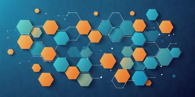 The primary subject of the image is a blue and orange geometric pattern. The setting is a blue background, and the visual style appears to be a digital art or illustration. The dominant colors are blue and orange, creating a vibrant and lively atmosphere.