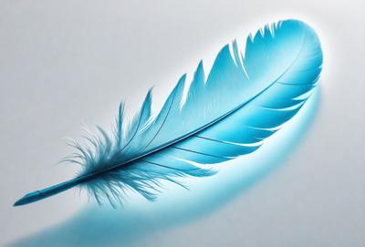 The primary subject of the image is a blue feather. The setting is a white background, which provides a clean and minimalistic environment. The visual style is a close-up of the feather, showcasing its details and texture. The colors and mood of the image are predominantly blue, creating a calm and serene atmosphere.