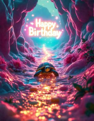 The primary subject of the image is a turtle, which is the main focus of the scene. The turtle is walking along a path that is surrounded by a beautiful pink and purple landscape. The setting includes a flower-covered hillside, adding a touch of nature to the scene. The visual style of the image is digital art, as it appears to be a well-crafted and detailed illustration. The colors and mood of the image are vibrant and cheerful, with the pink and purple hues creating a warm and inviting atmosphere.
