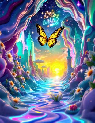 The primary subject of the image is a butterfly flying through a colorful, fantasy-like landscape. The setting includes a castle, a bridge, and a river, creating a whimsical and imaginative scene. The visual style is digital art, with the butterfly and the surrounding elements depicted in a vibrant and lively manner. The colors and mood of the image are predominantly bright and cheerful, with the butterfly and the fantasy elements contributing to a sense of wonder and playfulness.