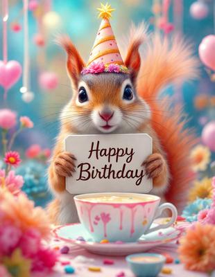 The primary subject of the image is a cute, colorful, and happy squirrel wearing a birthday hat. The squirrel is holding a sign that reads "Happy Birthday." The setting is a table with a cup of coffee, adding to the cozy and celebratory atmosphere. The visual style is a combination of digital art and illustration, creating a whimsical and cheerful scene. The colors and mood are predominantly pink and warm, reflecting the joyful nature of the birthday celebration.