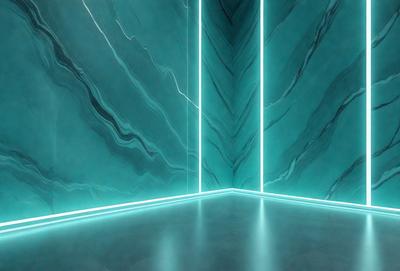 The primary subject of the image is a large, blue marble wall with a patterned design. The setting is a room with a blue-green marble floor, and the visual style appears to be a photo. The dominant colors in the image are blue and green, creating a calm and serene atmosphere.