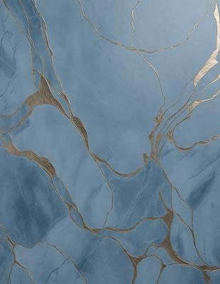 The primary subject of the image is a blue marble wall with a pattern of gold swirls. The setting is a room with a blue background, and the visual style is a combination of a photo and digital art. The dominant colors are blue and gold, creating a serene and elegant atmosphere.