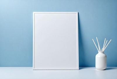 The primary subject of the image is a white picture frame. The setting is a blue wall, and the visual style is a photo. The colors and mood of the image are predominantly blue, creating a calm and serene atmosphere.