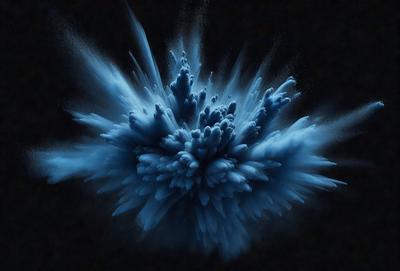 The primary subject of the image is a blue, swirling, and cloudy mass that appears to be a painting or a digital artwork. The setting is a dark background, which contrasts with the vibrant blue color of the swirling mass. The visual style suggests that the image is a creative and artistic representation, possibly a digital painting or an illustration. The colors and mood convey a sense of depth, movement, and intrigue, as the viewer is drawn into the swirling mass and its captivating blue hue.