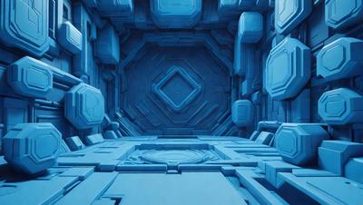 The primary subject of the image is a blue, three-dimensional structure with a circular design. The setting is a blue room with a blue background, giving the scene a futuristic and surreal appearance. The visual style is a combination of digital art and illustration, creating a unique and intriguing atmosphere. The dominant colors are blue, with some white and gray accents, giving the image a calm and serene mood.