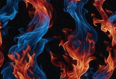 The primary subject of the image is a blue flame, which is the main focus of the scene. The setting is a black background, which contrasts with the blue flame. The visual style is a digital art or illustration, as the flame appears to be a digital creation. The dominant colors are blue and orange, creating a vibrant and energetic atmosphere.