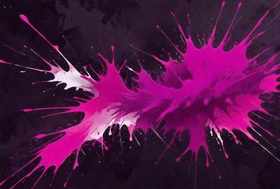 The primary subject of the image is a large, pink splash of paint, which appears to be a digital art or illustration. The setting is a black background, which contrasts with the vibrant pink splash. The visual style suggests that the image is a creative and artistic representation of a splash of paint. The colors and mood of the image are predominantly pink, which gives it a lively and energetic atmosphere.