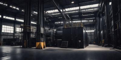 The primary subject of the image is a large industrial building with a black metal structure. The setting is an industrial area, and the visual style is a black and white photo. The colors and mood of the image are dark and moody, with the black metal structure and the overall atmosphere of the industrial building.