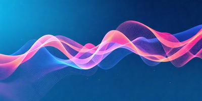 The primary subject of the image is a colorful wave pattern, which is displayed on a blue background. The visual style of the image is a combination of photo and digital art, creating a vibrant and dynamic scene. The dominant colors in the image are blue and pink, giving the scene a lively and energetic atmosphere.