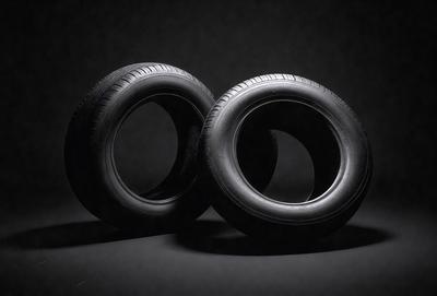 The primary subject of the image is a pair of black tires. The setting is a dark background, which creates a moody atmosphere. The visual style is a close-up of the tires, showcasing their details. The colors are predominantly black, with the tires being the main focus of the image.