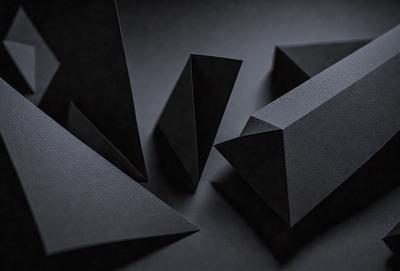 The primary subject of the image is a collection of black triangles. These triangles are arranged in various positions, creating a visually interesting composition. The setting is a dark background, which contrasts with the black triangles, emphasizing their shapes and forms. The visual style of the image is a combination of digital art and illustration, as the triangles are carefully crafted and placed to create a cohesive and engaging design. The overall atmosphere of the image is one of simplicity and elegance, with the black triangles serving as the primary focus and the dark background providing a striking contrast.