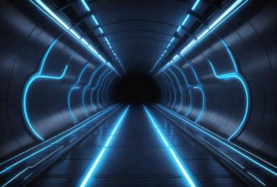 The primary subject of the image is a long, narrow, and dark tunnel with a blue light illuminating it. The setting is a tunnel, and the visual style is a digital art or illustration. The dominant colors are blue and black, creating a moody and mysterious atmosphere.