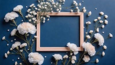 The primary subject of the image is a wooden frame with a blue background. The frame is adorned with white flowers, creating a beautiful and elegant scene. The visual style of the image is a combination of a photo and digital art, as it features a close-up view of the flowers and the wooden frame. The colors and mood of the image are predominantly blue and white, giving it a serene and calming atmosphere.