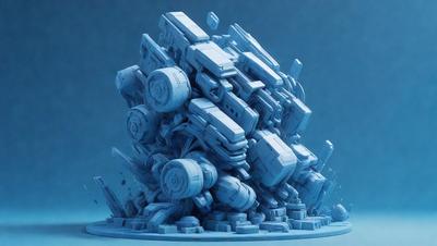 The primary subject of the image is a large blue sculpture of a vehicle, possibly a car or a truck. The sculpture is made of blue plastic and is displayed on a blue surface. The visual style of the image is digital art, as it appears to be a 3D model or a digital rendering of the sculpture. The colors and mood of the image are predominantly blue, giving it a futuristic and sleek appearance.