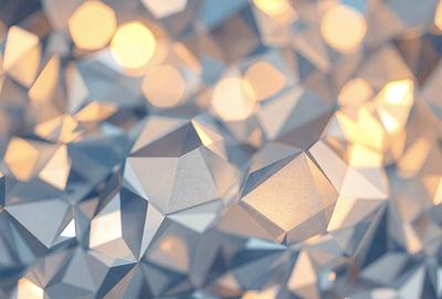 The primary subject of the image is a close-up of a patterned surface, which appears to be a combination of glass and metal. The setting is a room with a backdrop of a wall, and the visual style is a mix of photo and digital art. The colors and mood of the image are predominantly silver and blue, creating a calm and sophisticated atmosphere.
