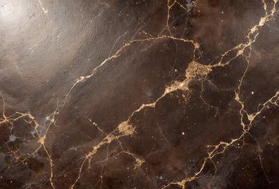 The primary subject of the image is a brown marble surface with a gold-like pattern. The setting is a room with a brown leather wall, which complements the marble surface. The visual style is a close-up of the marble surface, showcasing its intricate design. The colors and mood of the image are warm and elegant, with the gold-like pattern adding a touch of luxury to the overall atmosphere.