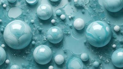 The primary subject of the image is a close-up of a blue surface with numerous small, round, blue bubbles floating on it. The setting appears to be a blue ocean or a blue-tinted room. The visual style of the image is a close-up of the bubbles, creating a sense of depth and detail. The colors and mood of the image are predominantly blue, giving it a calm and serene atmosphere.